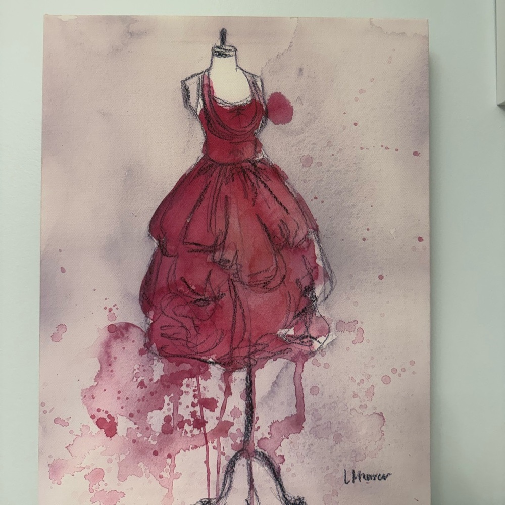 TWO Pink watercolor dress sketch on canvas